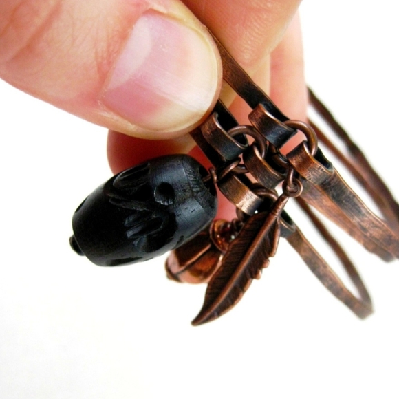 Copper Dangle Charm Bangle Bracelet Set Antique Copper Feather Black Carved Wood - Picture 2 of 5